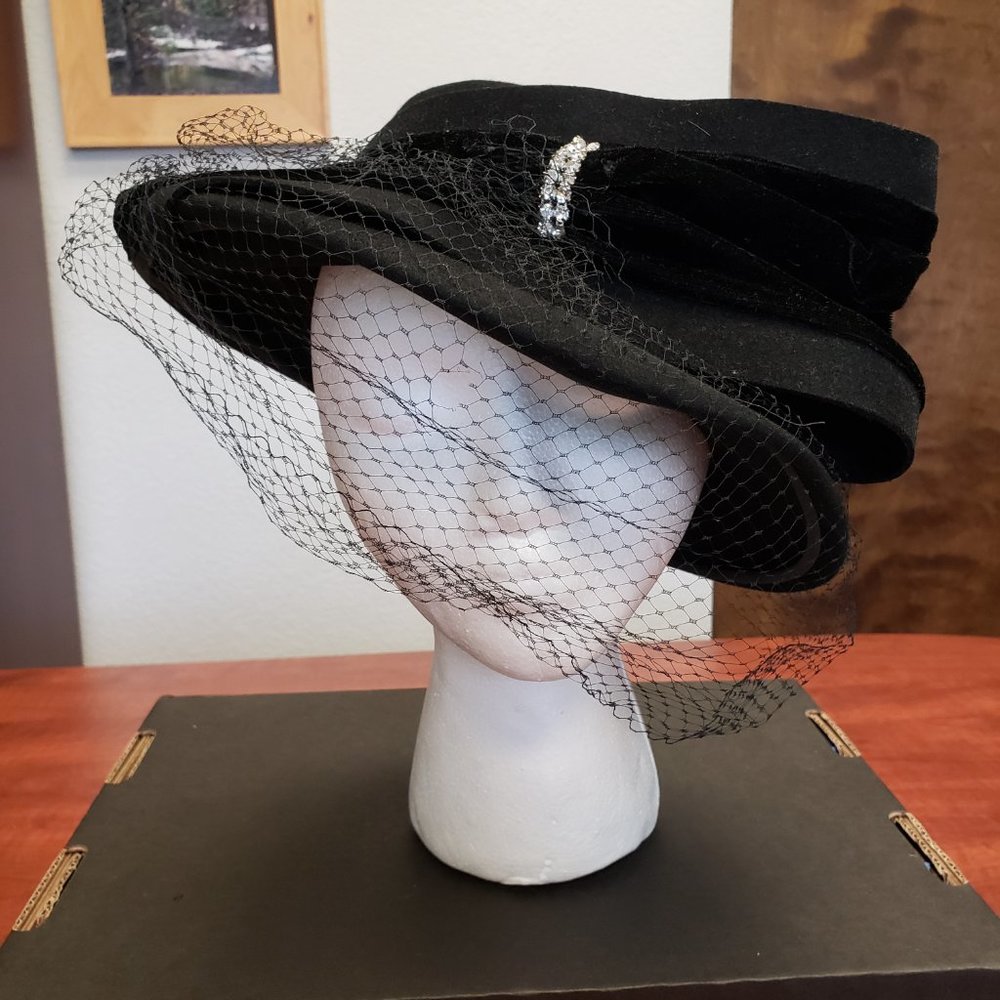 Vintage Black Wool Hat with Bow & Veil